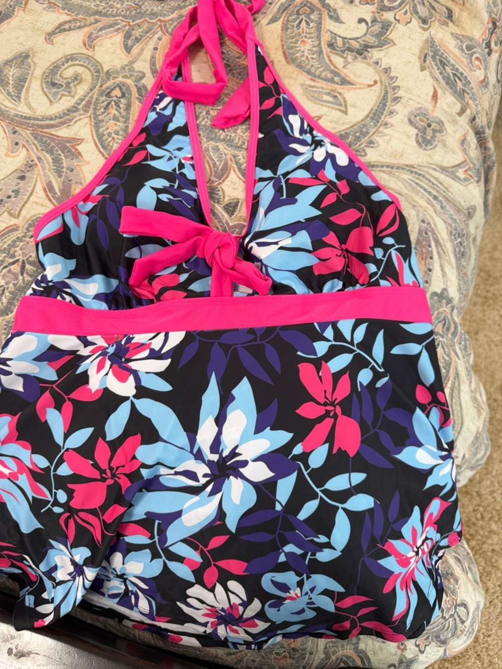 Source Unknown Black Floral One-Piece Swimsuit with Pink & Blue Accents